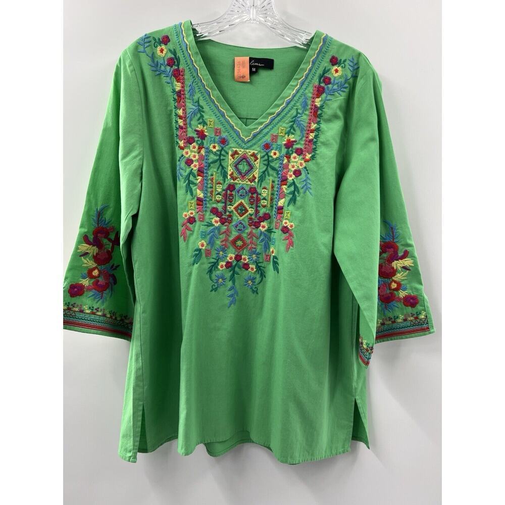 Calessa Women’s 3/4 Sleeve Embroidered Cotton Green V Neck Tunic Size Medium